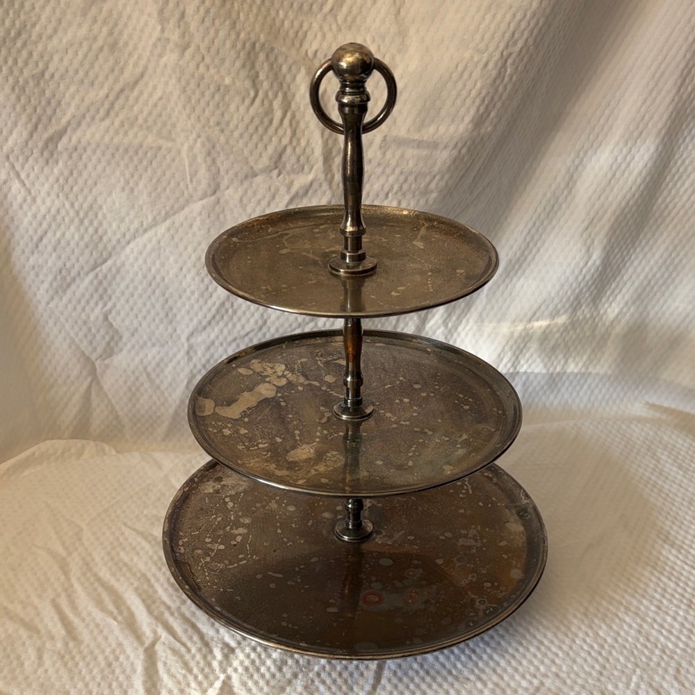 Vintage Made in India Three Tiered Serving Tray in Silver and Bronze